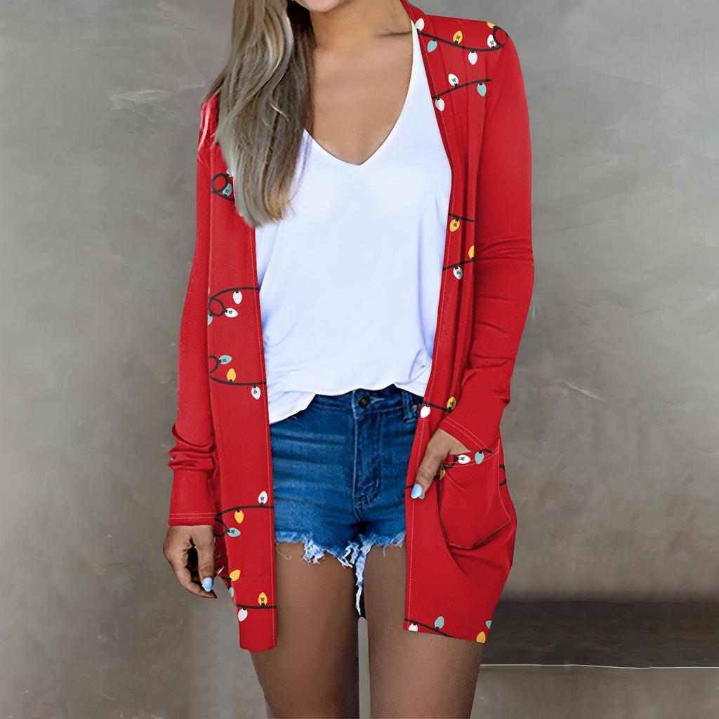 Женская мода, повседневный рождественский принт, кардиган средней длины, куртка, пальто