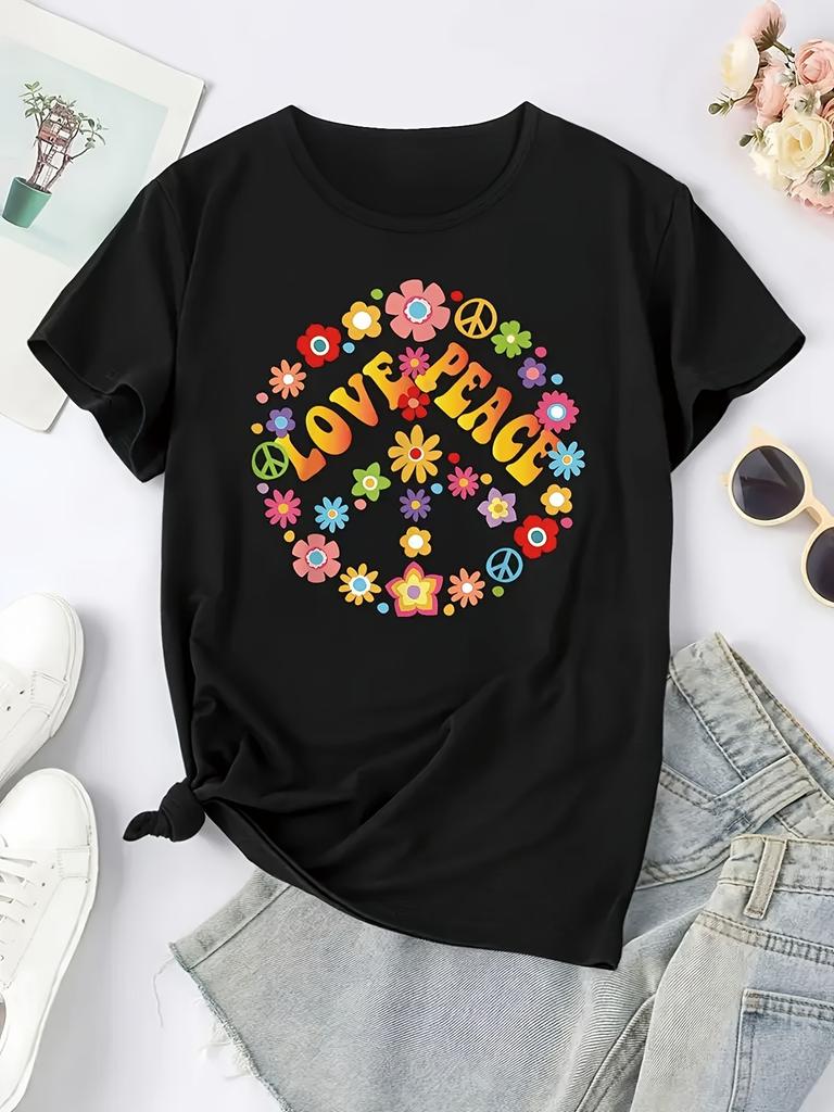 Women's Round Neck T-Shirt with Floral Peace Wreath Print, Casual Style Short Sleeve Top for Spring Summer Daily Wear and S