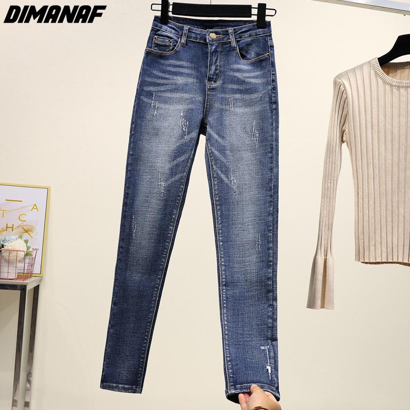 Dimanaf Plus Size Women Jeans Solid Pants Denim Autumn Female Elastic Basic Blue High Waist Trousers Oversize Fashion New Pants 4XL 5XL
