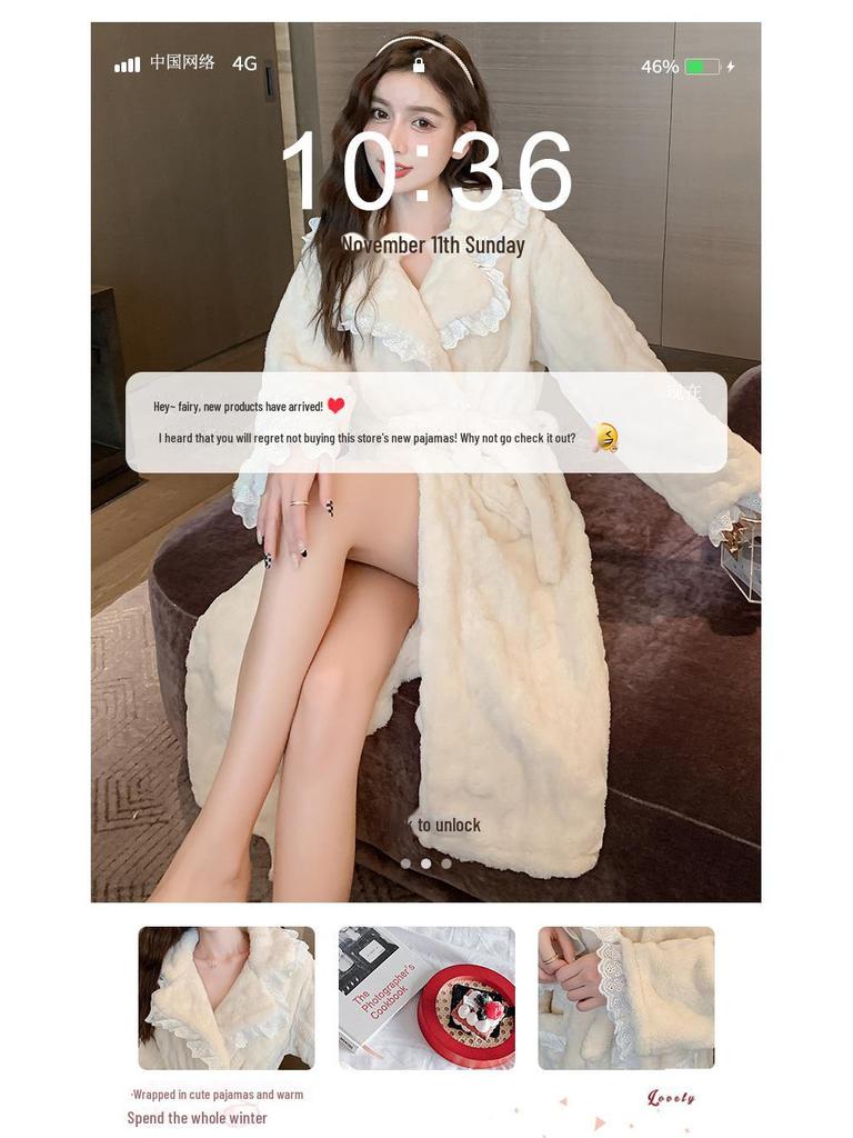 Корейская модная женская кружевная фланелевая ночная рубашка - плотная, теплая, зимняя пижама из кораллового флиса