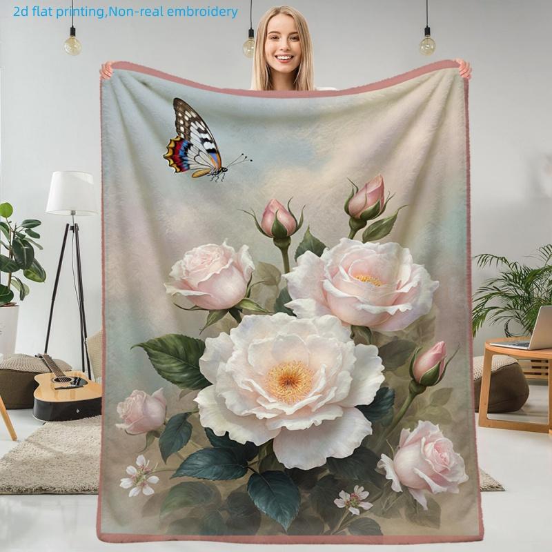 1pc Floral Print Blanket, Rose And Butterfly Pattern, Multi-Size Available, Autumn Thanksgiving Christmas Nap Blanket, Suitable for Living Room, Bedro
