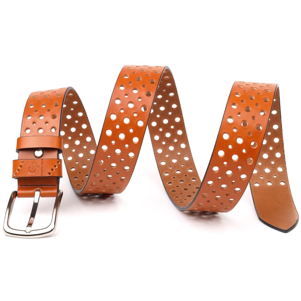 Интересный ремень унисекс с перфорацией из натуральной кожи GRANDE PELLE Leather Belt 21474 Рыжий