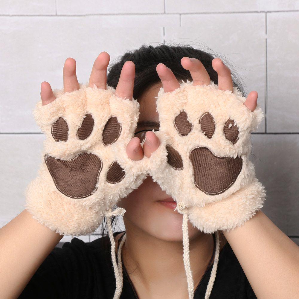 14Colors Girl Winter Warm Fluffy Plush Gloves Fingerless Bear Cat Paw