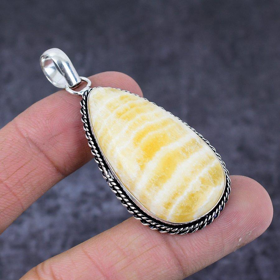 Natural Yellow Septarian Handmade 925 Sterling Silver Jewelry Pendant 2.36" k0I61
