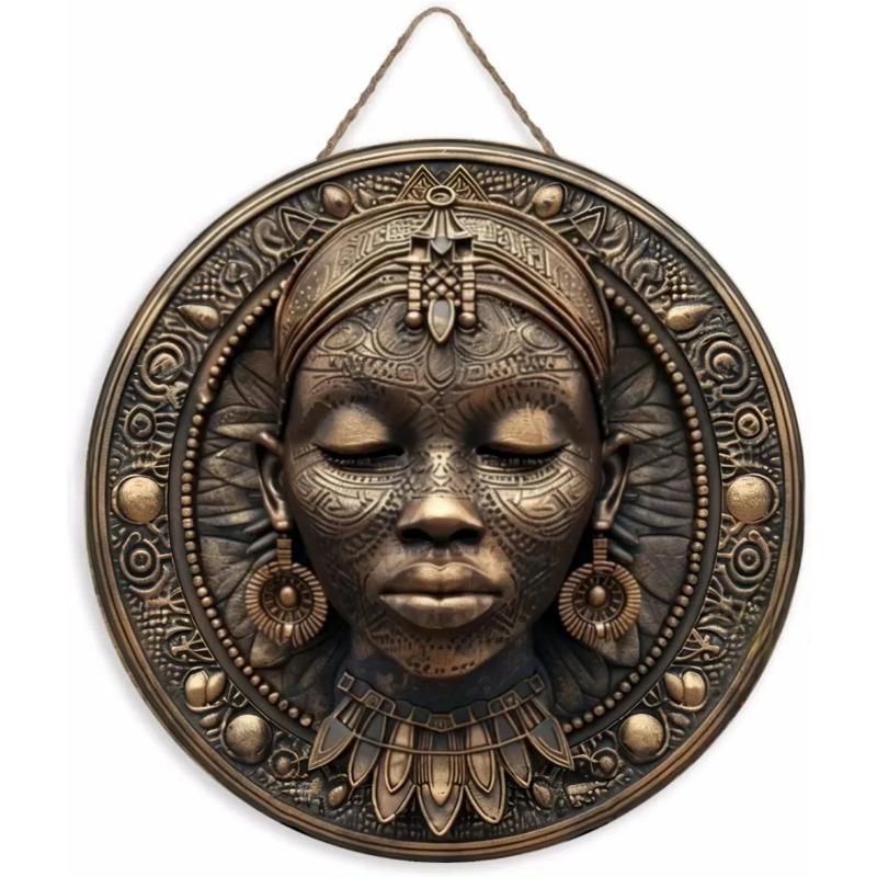 Wood Unique African Mask Circular Wooden Sign with Artistic Design, Suitable for Door, Wall, Home, Room, Farmhouse, Street, Shop, Garage, Bar, Garden