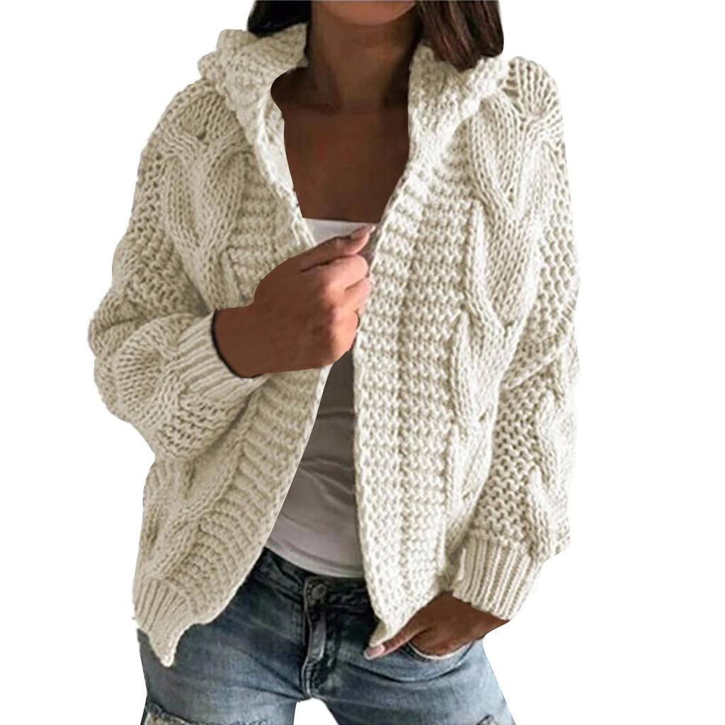 Women's Autumn And Winter Hooded Jacket Solid Color Knitted Cardigan Sweater