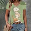 Летняя новая футболка женская одежда свободная повседневная с коротким рукавом модный топ с принтом кота V-образный вырез элегантная одежда женская футболка 2024