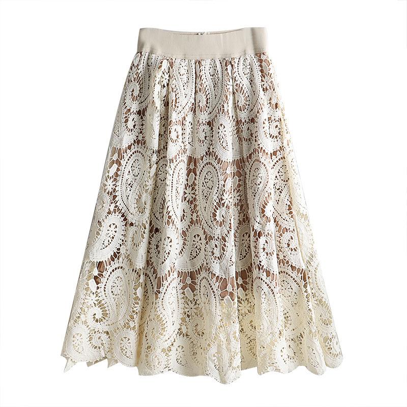 Женская весна-лето плюс размер однотонная ретро-юбка с крючками и цветочным узором, ажурное кружево, большой подол, высокая талия, тонкая полуюбка