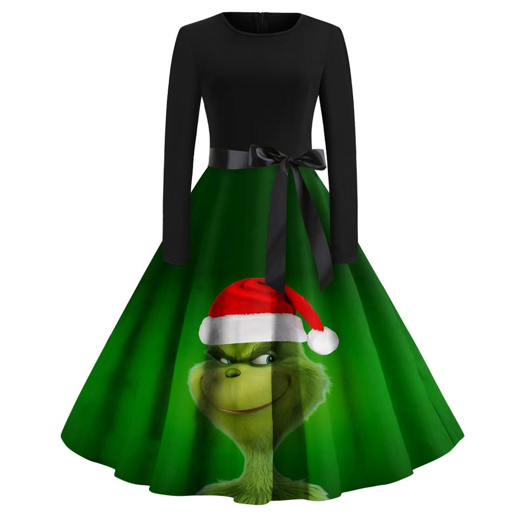 Женское модное повседневное платье с круглым вырезом и рождественским принтом и длинными рукавами