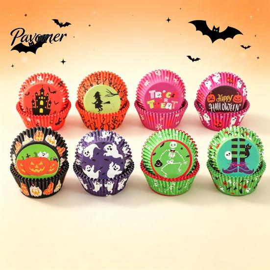 Home Baking Supplies 100PCS Halloween Cupcake Liners, Food Grade Greaseproof Paper Muffin Cups, Pumpkin And Cups Ghost Prints Holders for Party