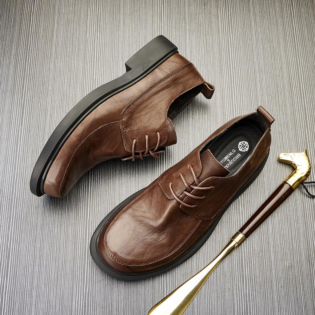 Кожаные туфли Мужская модная кожаная повседневная обувь Круглая деловая обувь Универсальная обувь в британском стиле Туфли с низким верхом Трендовая обувь