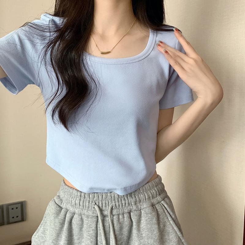 Дизайнерская ниша с закругленным подолом, круглым вырезом, короткая футболка-макарон, женская летняя горячая девушка, универсальные топы с короткими рукавами