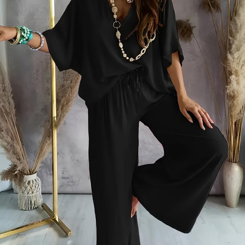 Женский повседневный комплект из однотонных брюк с V-образным вырезом и короткими рукавами, широкий наряд для лета и весны