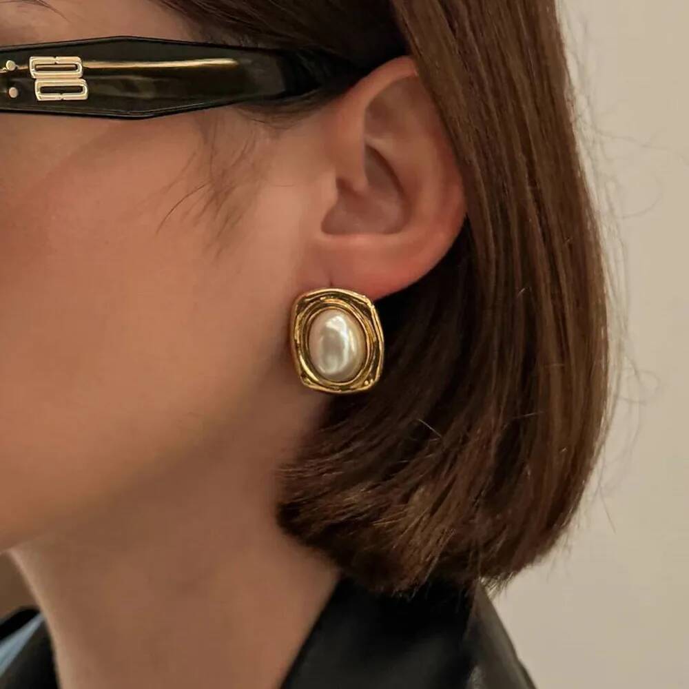 SHIXIN Stainless Steel Geometric Irregular Imitation Pearl Earrings for Women Minimalist Gold Color Stud Ear Trendy Jewelry Gift
