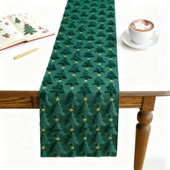Green Christmas Tree Table Runner 13x72 In Soft Plush Faux Fur Jacquard Table Runner for Holiday Kitchen Dining Table Decor