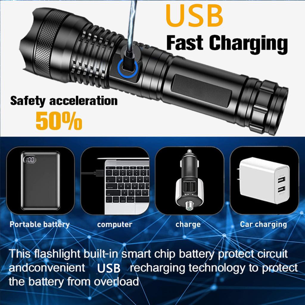 USB перезаряжаемые светодиодные фонарики с высоким люменом, суперяркая тактическая ручная вспышка с возможностью масштабирования, водонепроницаемый аварийный фонарь