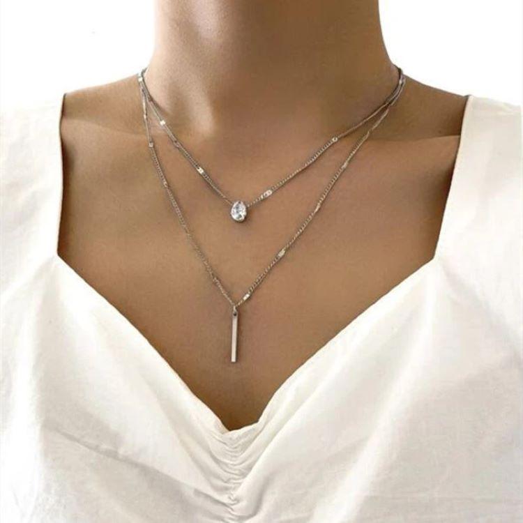 European & American Teardrop Rhinestone Pendant Necklace - Double Layer Long Stick Design