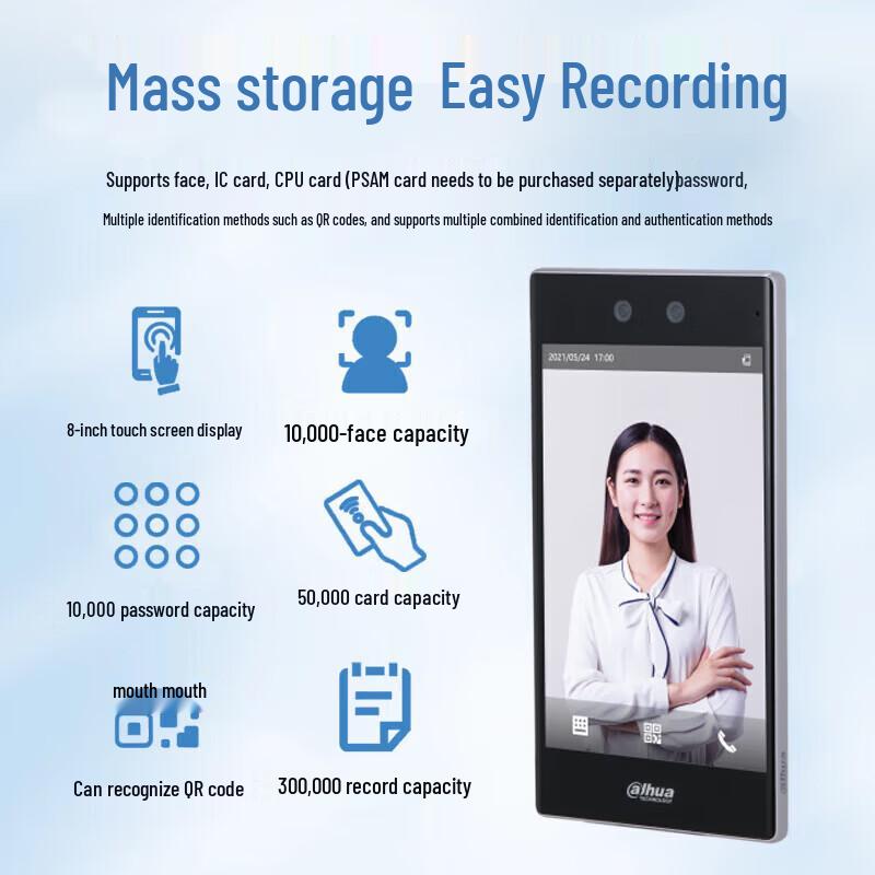 Dahua 8-inch Facial Recognition Access Control & Attendance Terminal CN plug (adapter included)