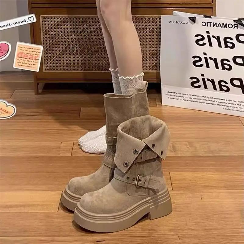 Vintage Platform Thick Bottom Women Western Cowboy Boots Belt Buckle Height Increase Female Mid Calf Booties2025 New