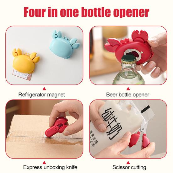 2Pcs Crab Shaped Bottle Opener, 3 in 1 Magnetic Can Opener, Kitchen Scissors & Utility Knife, Multi-functional Fridge Magnet Tool for Home Camping