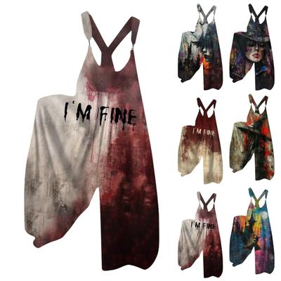 Широкие штанины комбинезоны для женщин повседневные свободные комбинезоны без рукавов ретро принт на Хэллоуин металлические пуговицы длинные брюки комбинезон с карманами