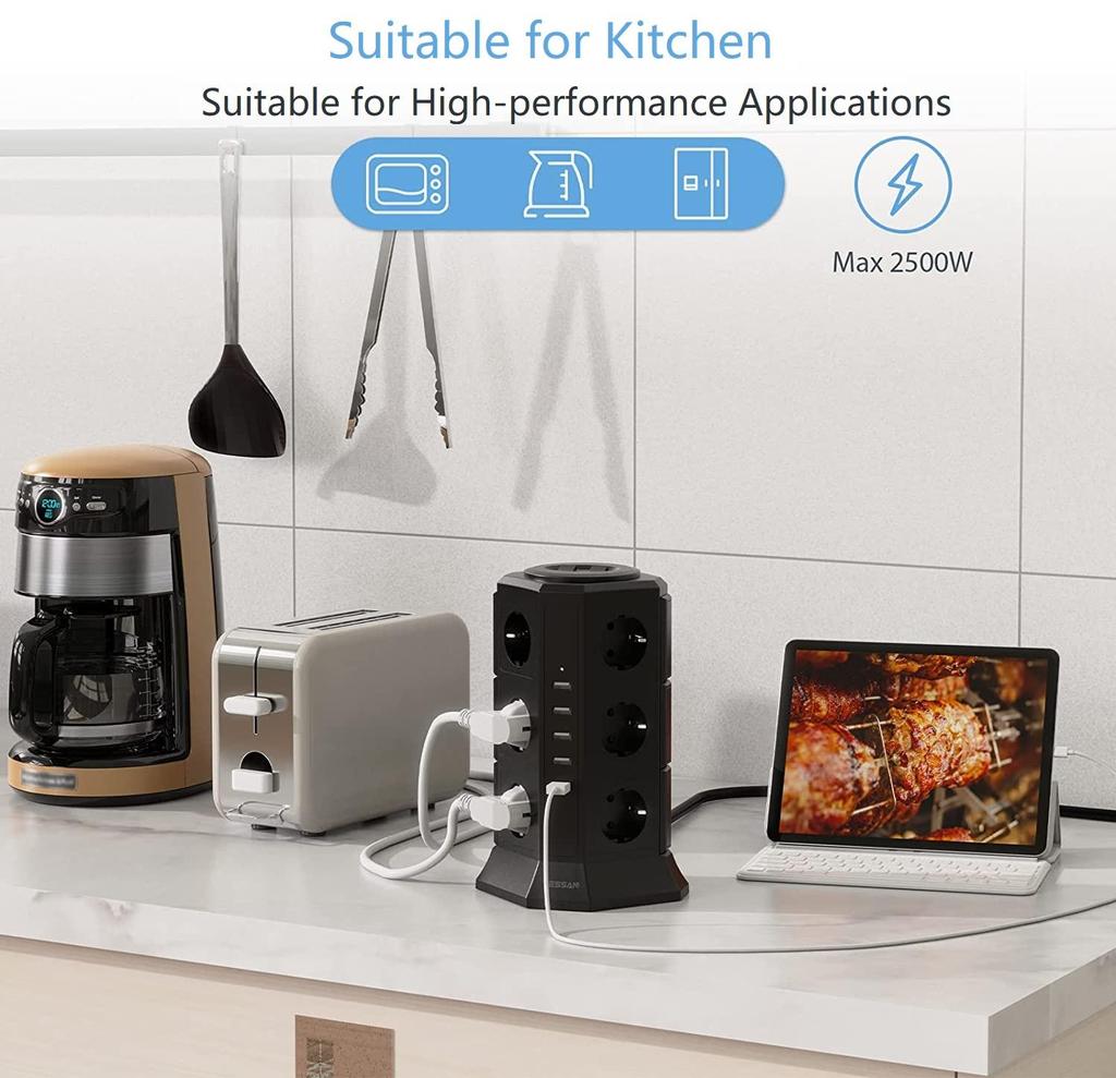 Tessan Удлинитель с несколькими розетками, 11-контактная башня с розетками (2500 Вт/10 А) с 3 USB-портами (5 В/3,1 А) и кабель 2,0 м для дома и офиса