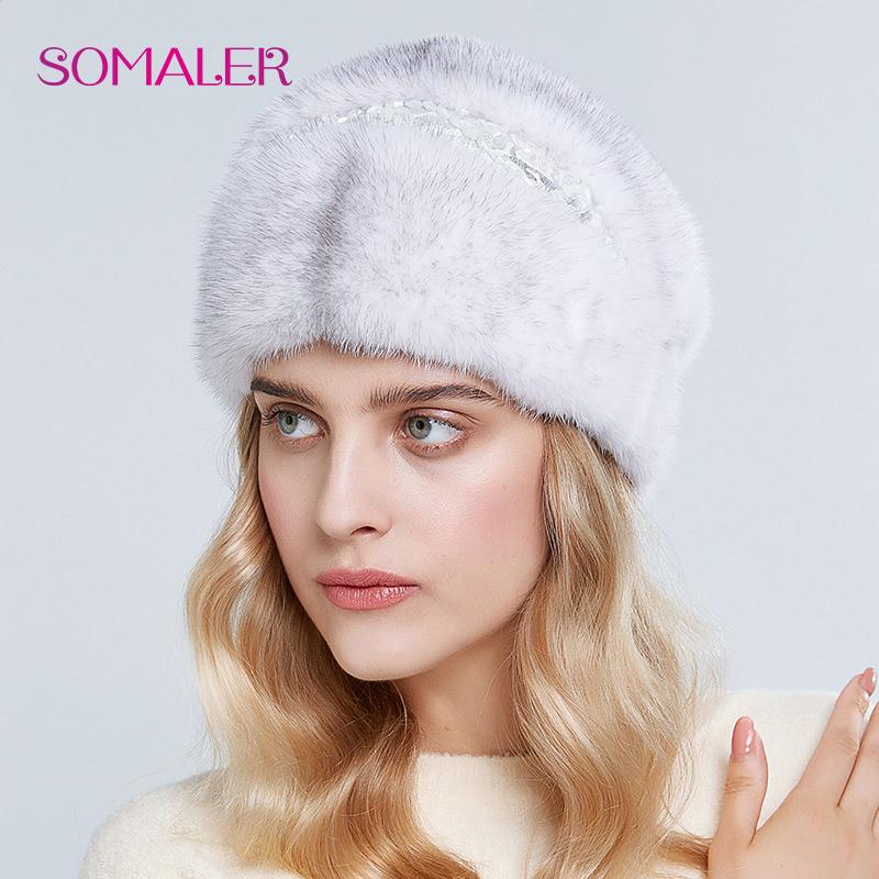 SOMALER Шапки из цельного норкового меха для женщин, зимние элегантные меховые шапки принцессы, модный стиль, теплая меховая шапка