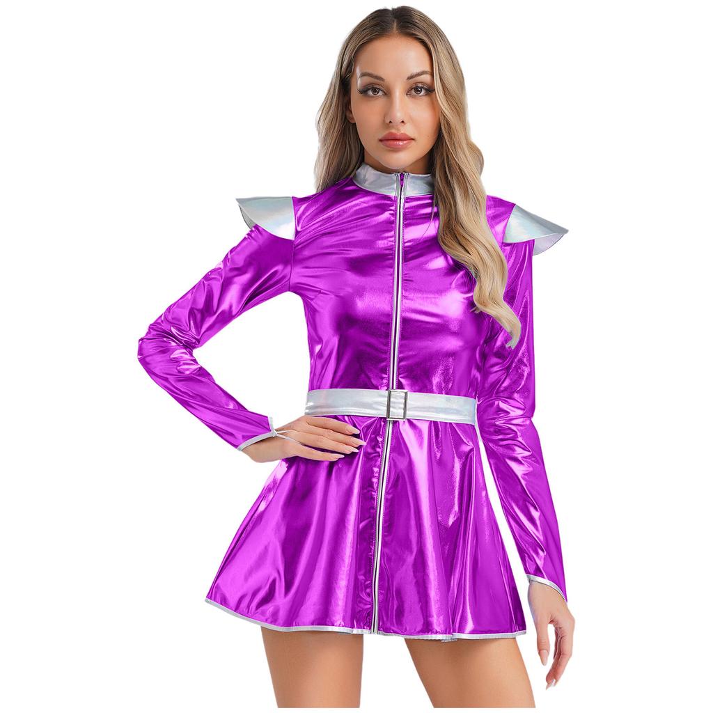 Women Halloween Alien Costume Long Sleeve Front Zip A Line Dress Belted Metallic Outer Space Robot Outfit