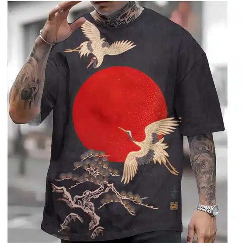 Japanese Ukiyo-E Printed Men's T-Shirt Vintage Summer Men's Short-Sleeved T-Shirt Oversized Round Neck Top Street Harajuku Tops