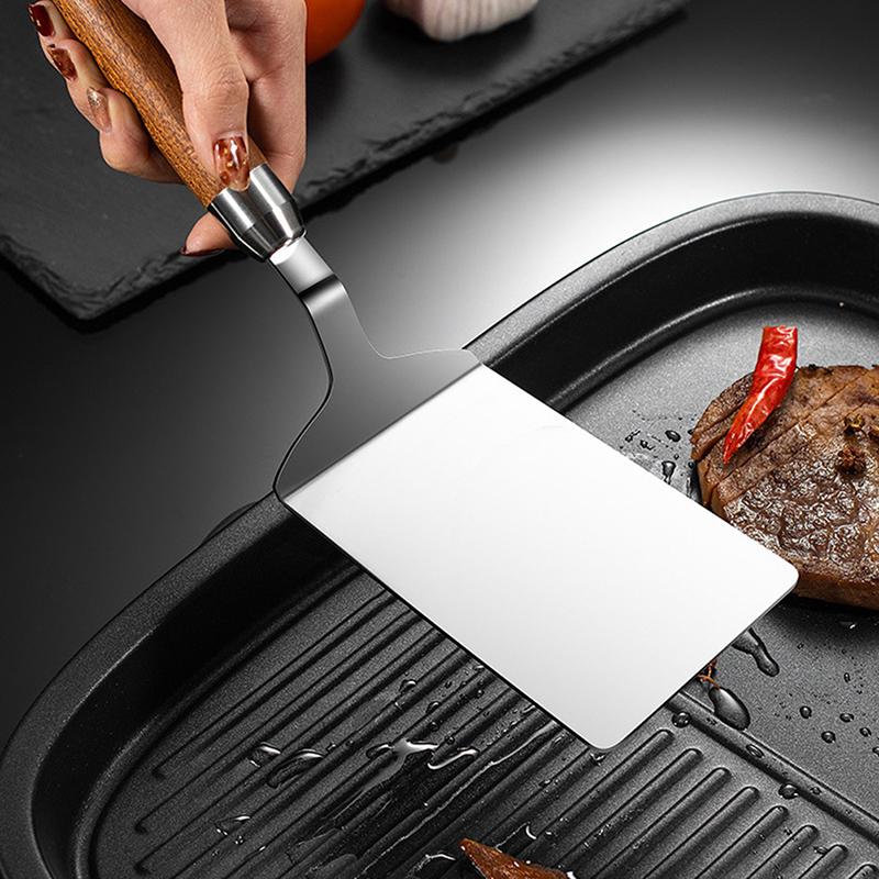 Stainless Steel Bbq Plate Grill Scraper Pancake Spatula With Wood Handle