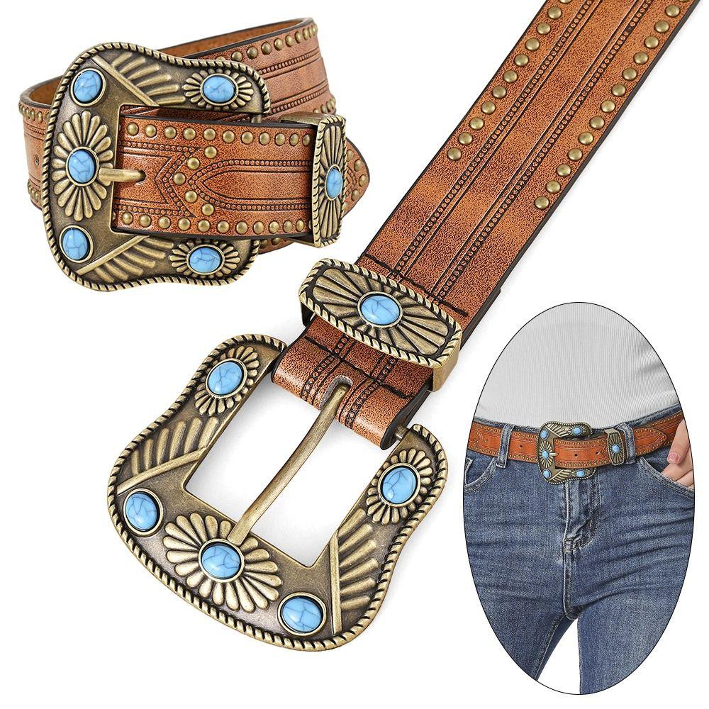 PU Leather Floral Engraved Leather Belt Cowgirl Cowboy Country Belts  for Jeans Pant