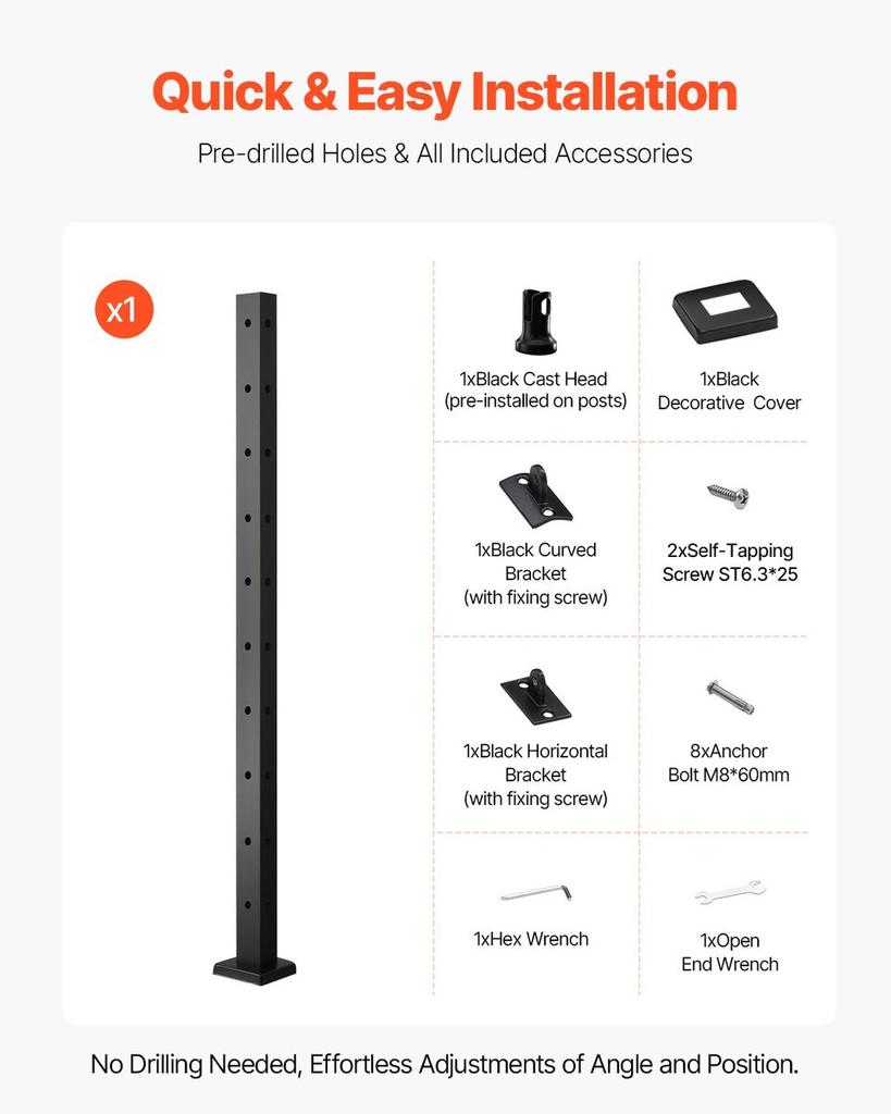 VEVRO Cable Railing Post 36x1x2 Inch with L-Shaped Holes 1JZLGZXHS914IVCFL001V0