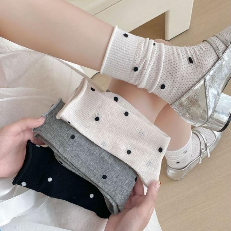 Polka Dot Socks, Women's Mid-calf Socks, Trendy Summer Thin Cotton Student Mesh Breathable Rolled-up Long Socks