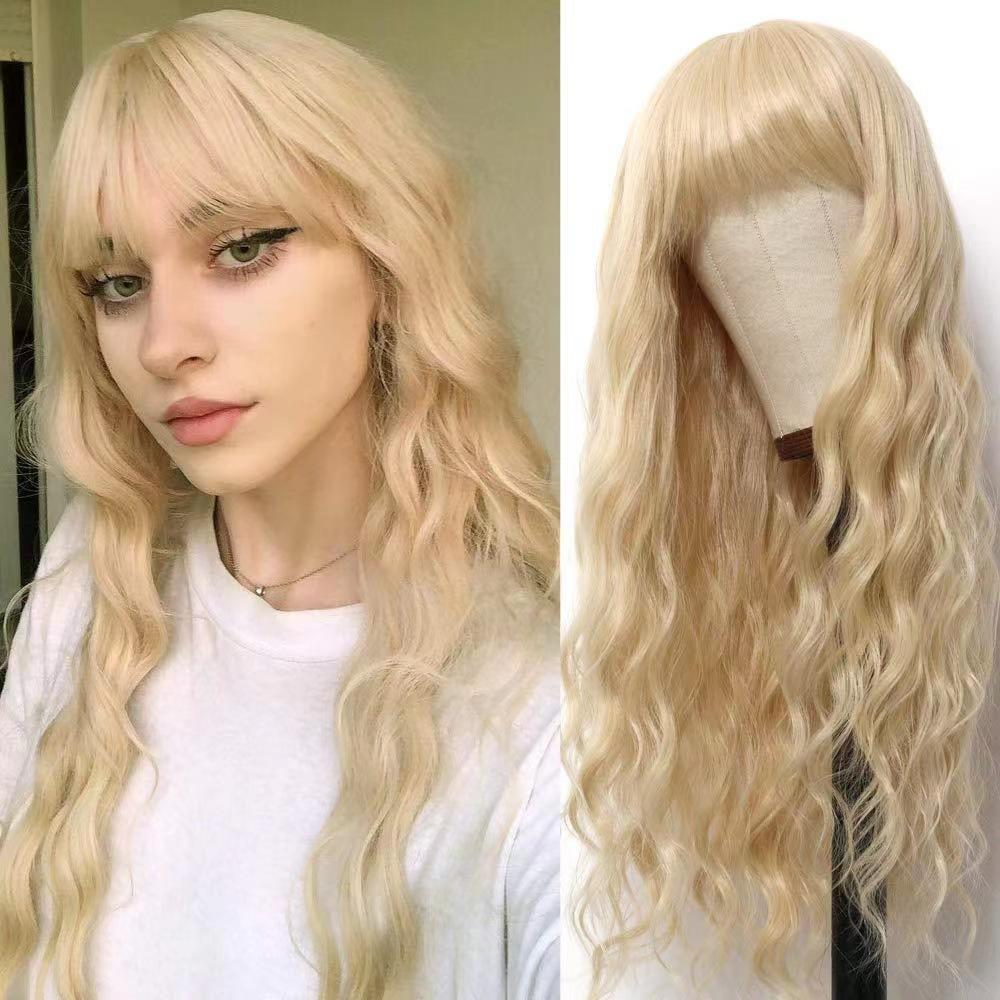 Wig Qi bangs light gold corn hot water ripple long curly hair chemical fiber headgear European and American wig