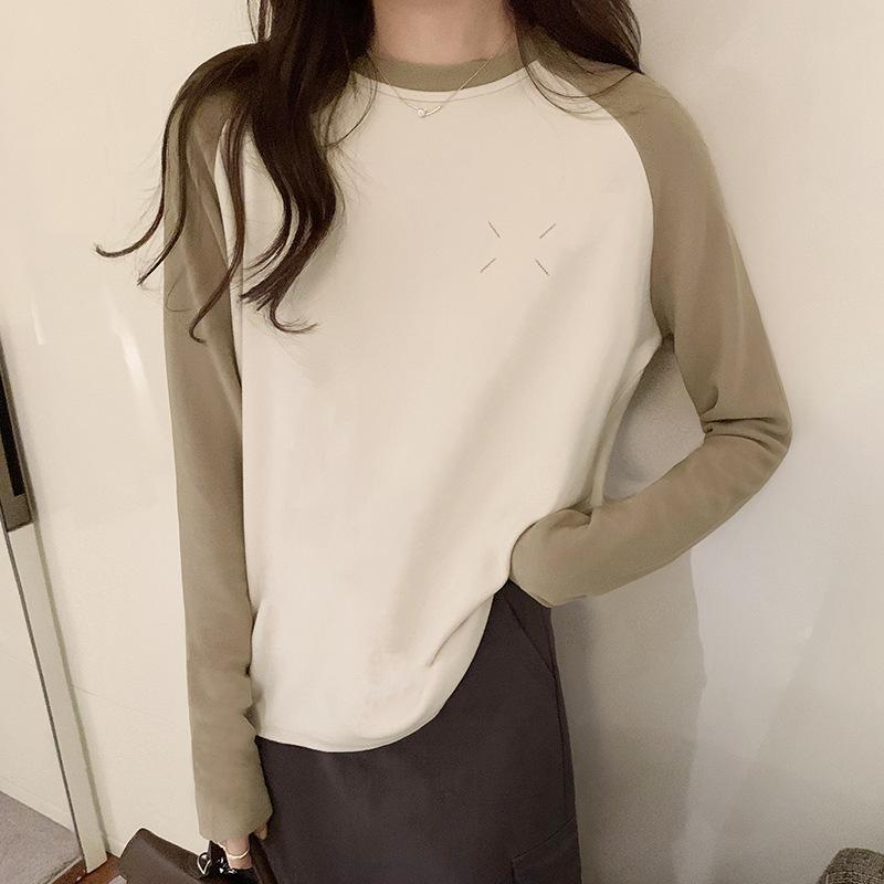 American Retro Raglan Long-sleeved Round Neck Color-blocked T-shirt Women's Autumn and Winter New Loose Ins Style Versatile Top