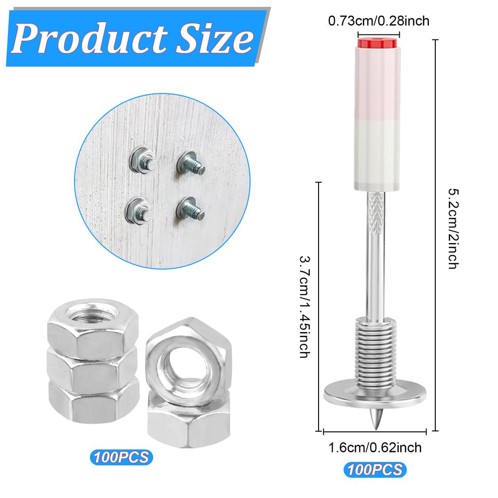 100 шт. гвоздей с гайками и винтами M8 для ручного стального гвоздезабивного пистолета, диаметр 7,3 мм, удлиненный гвоздезабивной пистолет для бетона, заклепки, многоцелевые гвозди K