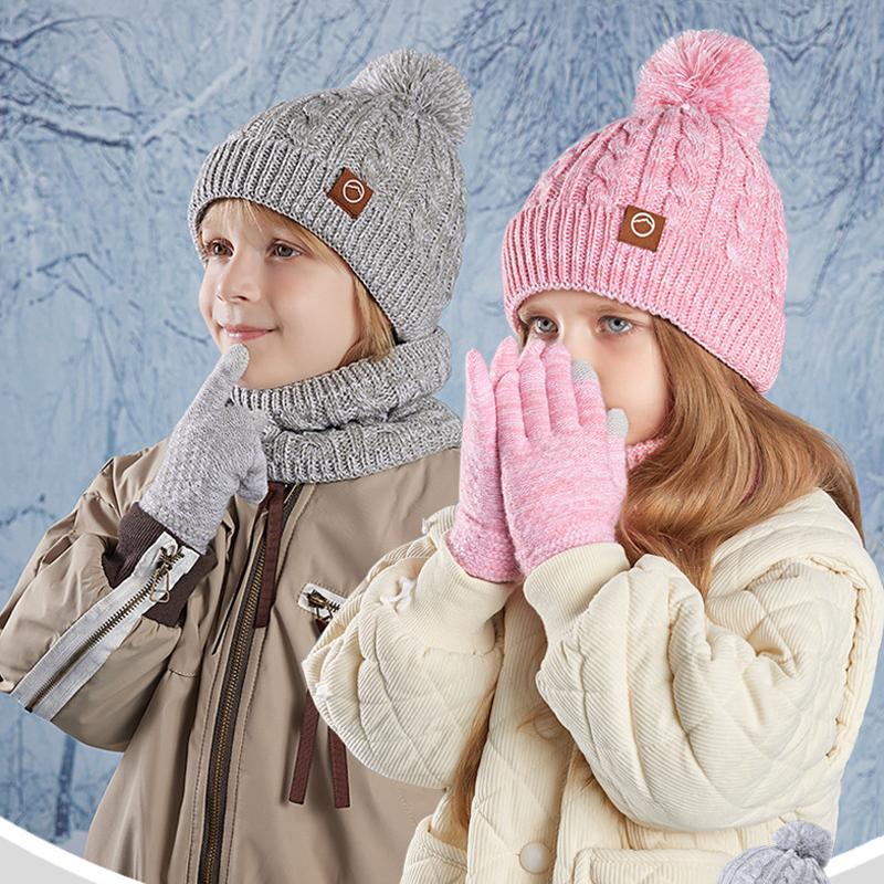 Children's Cap Scarf Gloves Three-Piece Set Coldproof Wool Cap Boys Girls Outdoor Warm Knitted Hat