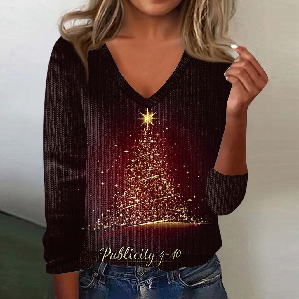Women's Cute Sweatshirt Knitted Fashion Casual V-neck Long-sleeved Cozy Print Top