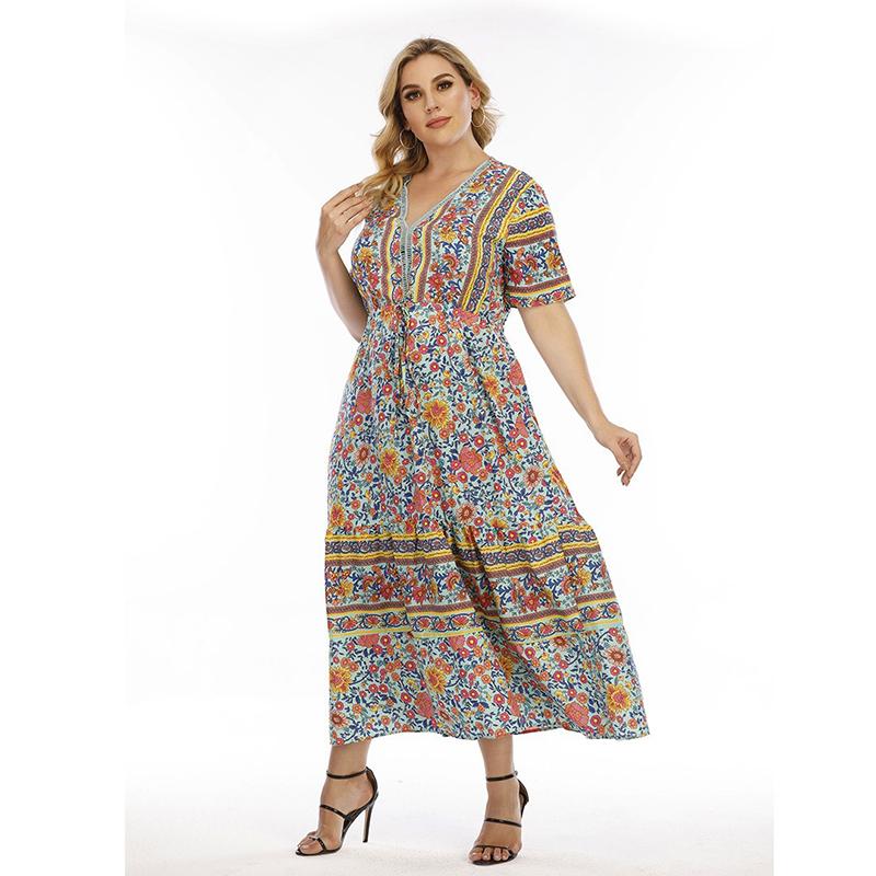 (М~4XL) Длинное платье в стиле бохо с цветочным принтом для женщин, v-образный вырез, короткий рукав, лоскутное платье макси с высокой талией, повседневное модное дышащее легкое платье плюс