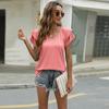 Women's Summer Solid Color V-neck T-shirt Double Ruffled Sleeves Loose Top