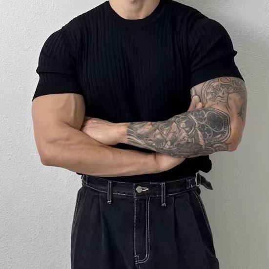 Мужская летняя спортивная футболка трикотажная эластичная эластичная футболка с круглым вырезом Slim Fit сплошной цвет пуловер с короткими рукавами для тренировок в тренажерном зале топ для тренировок