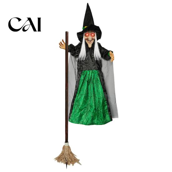 Animated Halloween Witch Decorations 180cm Props, Flying Decoration with Scary Sounds & Lights, Wicked Garden Ornaments for Yard Lawn, Haunted