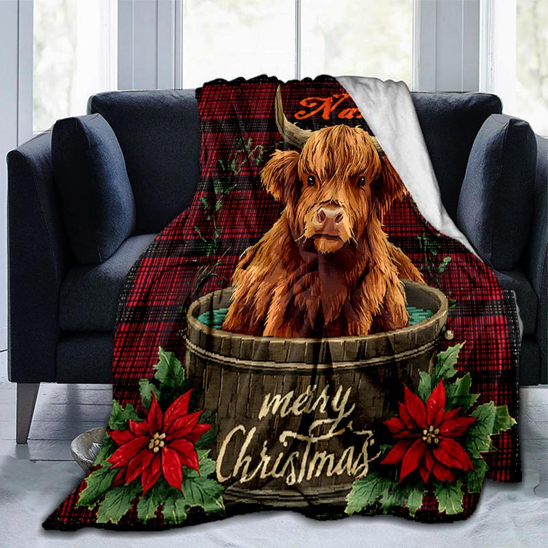 1PC Custom Name Highland Cow Christmas Card outdooor Flannel blankets Throw Blanket All-Season Throw Gift Bedspread for Couch, Bed, Camping Holiday Bi