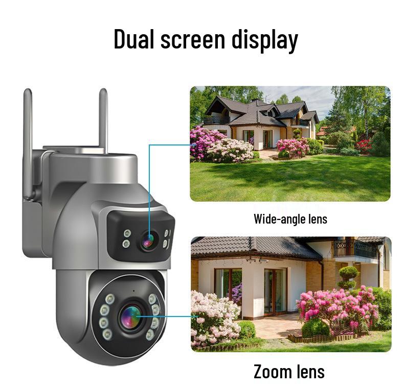 Solar-Powered Dual-Lens Surveillance Camera, 10X Zoom, Full Color, Outdoor Waterproof, Mobile Alarm Monitoring.