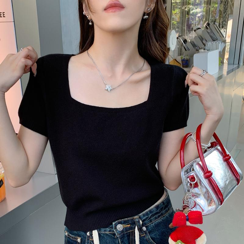 Летняя новая тонкая трикотажная футболка с коротким рукавом женская винтажная облегающая с квадратным воротником женская футболка элегантная однотонная простая женская футболка одежда 26233