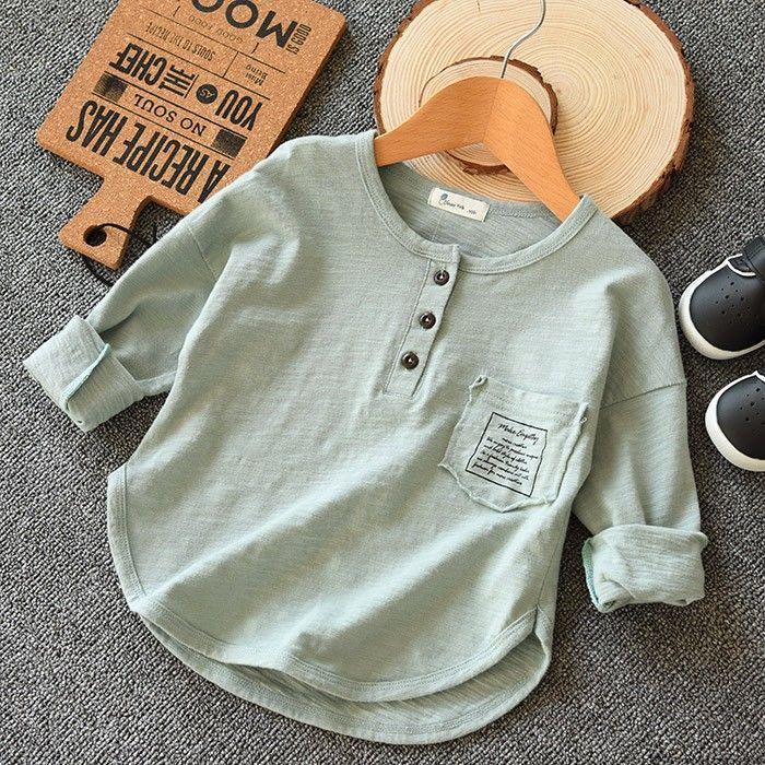 Boy Button Cotton Long-sleeve T-shirts Solid Color Spring Autumn Letters Pocket Children's Bottoming Shirts 2-12 Year Boys Tops