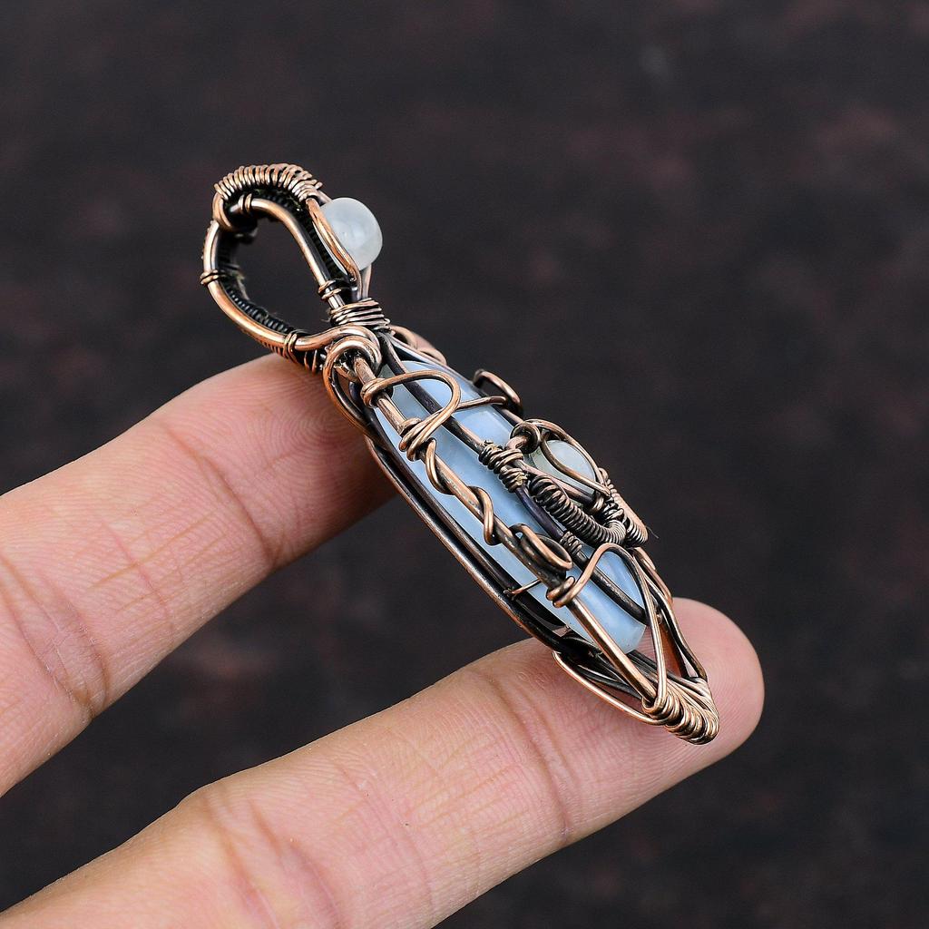 Подвеска с голубым опалом от сглаза Owyhee, подвеска из медной проволоки с драгоценным камнем, ручная работа, подарок на помолвку, подвеска из радужного лунного камня