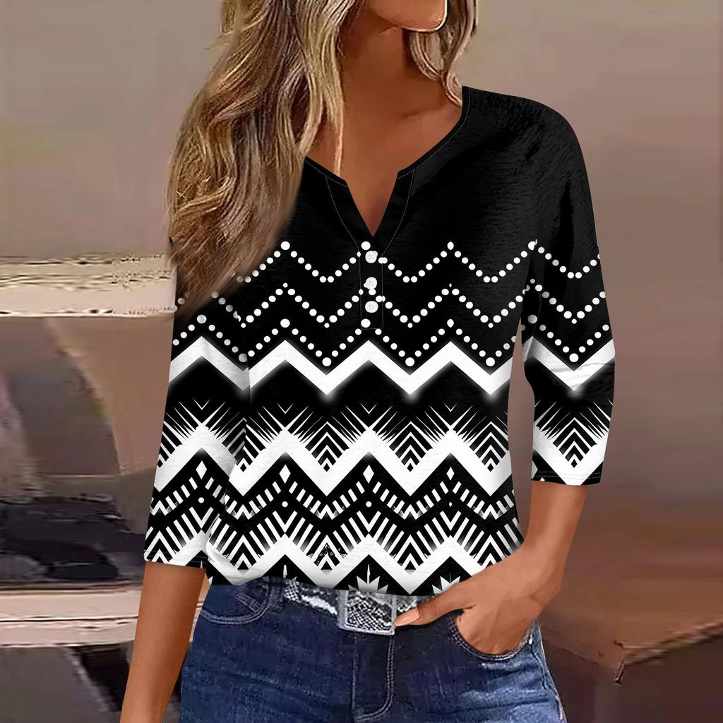 Жен. Футболка Футболка С принтом Пуговицы Рукав 3/4 Повседневные Выходные Мода Классический Классический V-образный вырез Обычный Верх