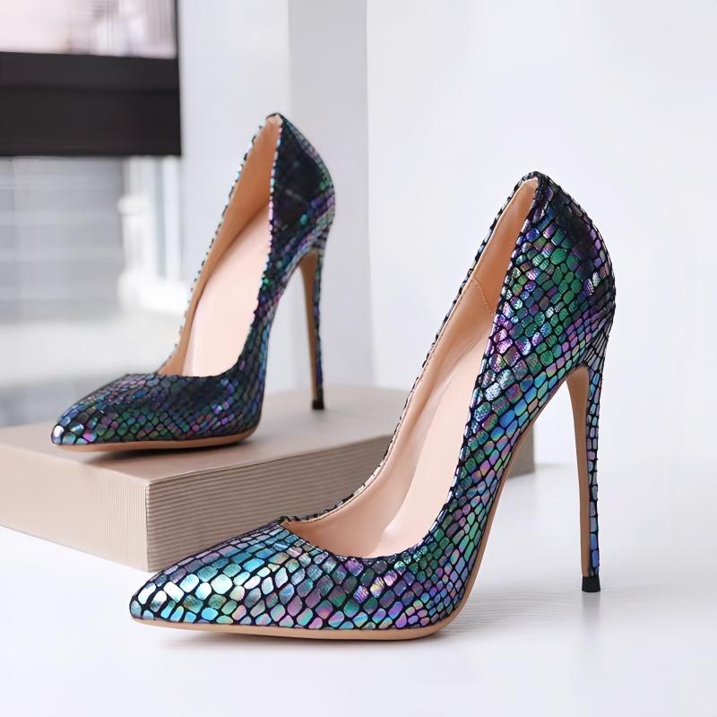 Туфли на высоком каблуке с цветным лазерным камнем и неглубоким носком, тонкие каблуки, элегантные банкетные женские туфли