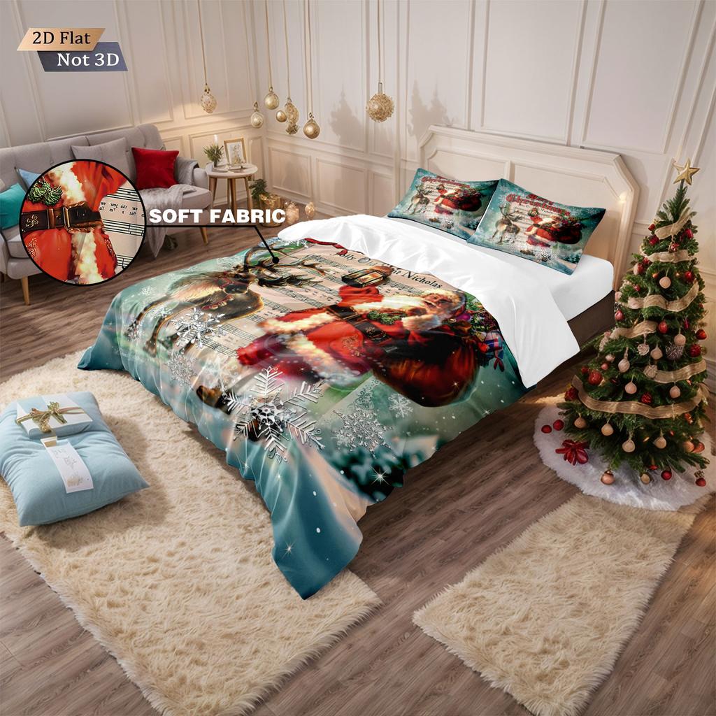 3pcs Santa Claus Print Coreless Duvet Set, Multi Size Bedroom, Dormitory Bedding, Holiday Decoration, Machine Washable